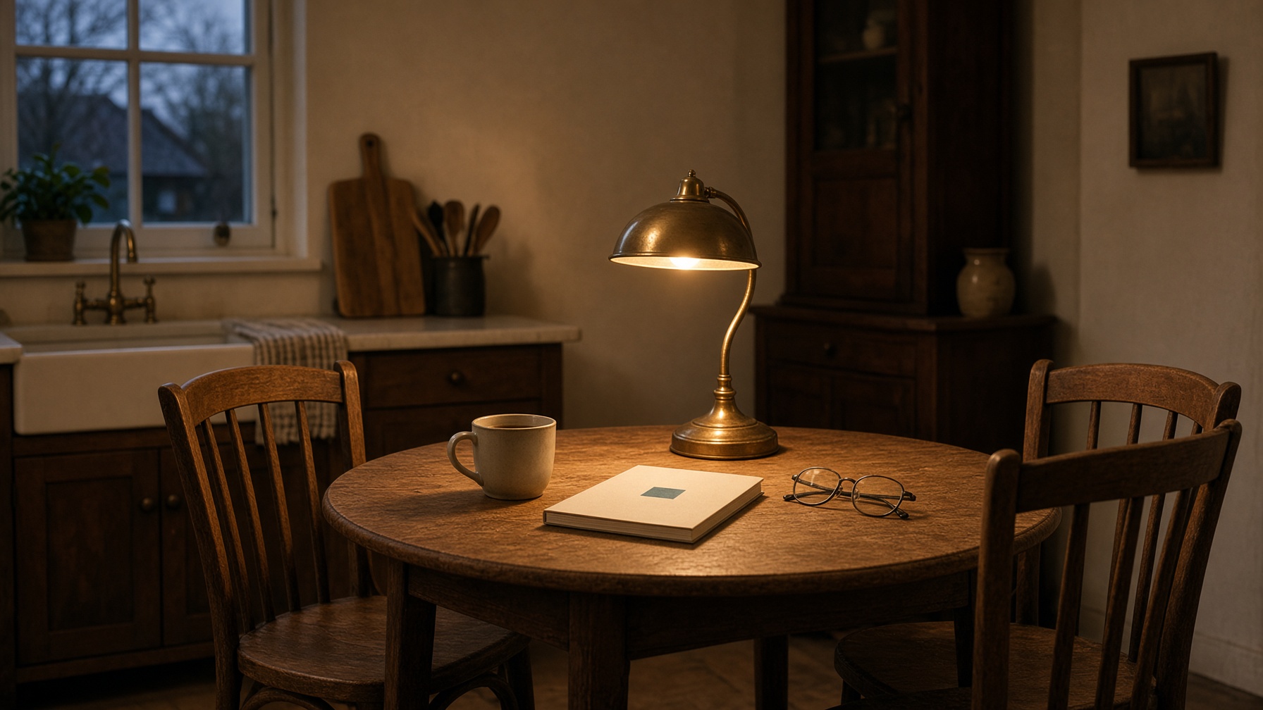 Dusk kitchen, two chairs, a cream pack under a lamp